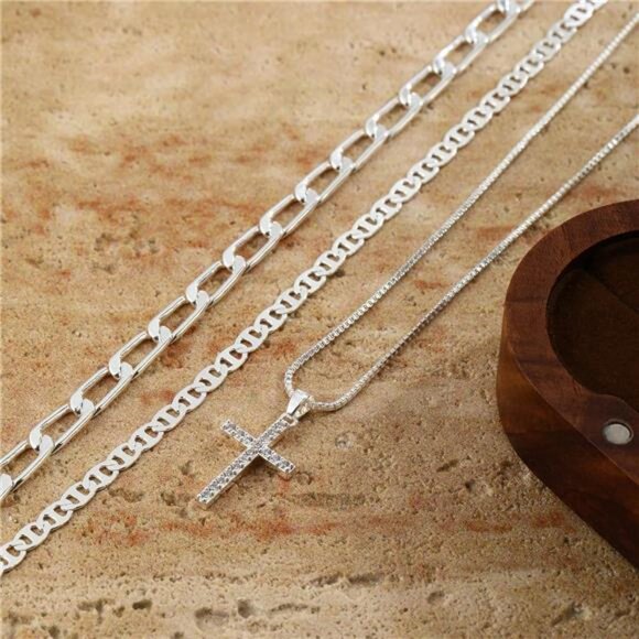 Layered Silver Chain Necklace | Zircon Cross Pendant - Picture 4 of 6